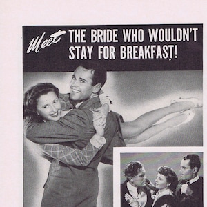 May include: A black and white vintage movie poster for the film "You Belong to Me" starring Barbara Stanwyck and Henry Fonda. The poster features several images of the actors in different scenes from the film. The text on the poster reads "Meet the bride who wouldn't stay for breakfast!" and "A joyous reunion of the stars of "The Lady Eve"!"