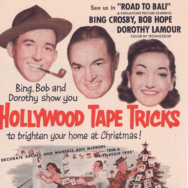 1952 Scotch Cellophane and Gift Wrap Christmas Tapes Original Vintage Ad with Bing Crosby, Bob Hope, Dorothy Lamour from Road to Bali