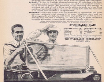 May include: A black and white vintage advertisement for the Studebaker "20" car. The ad features a black and white illustration of two men in a Studebaker car. The text in the ad highlights the car's power, durability, and economy. The ad also lists the prices of different Studebaker car models.