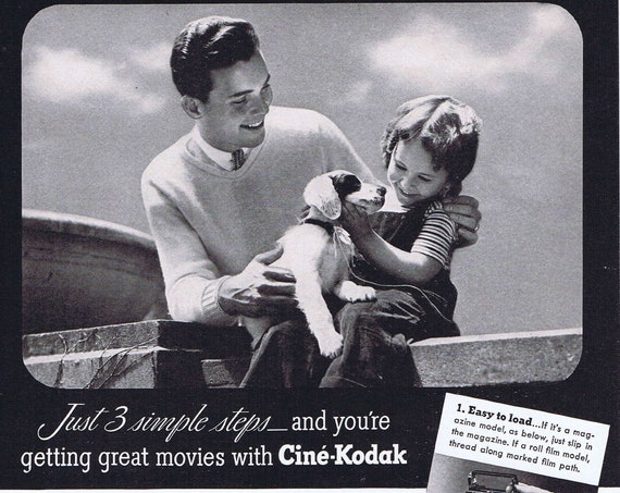 1941 Cine-Kodak Movie Camera Original Vintage Ad Neat Photo of Man, Child and Dog