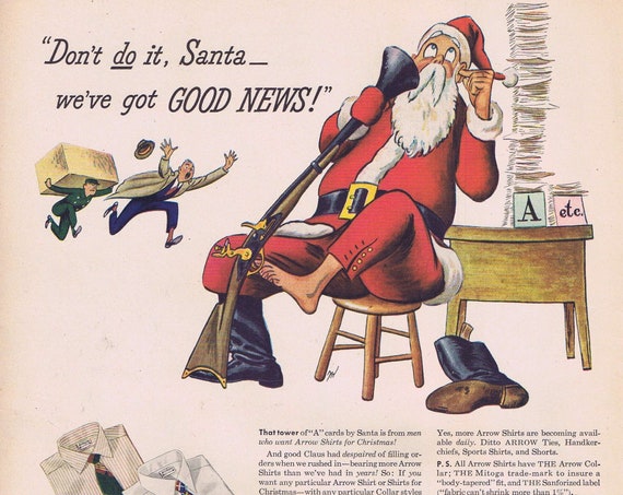 1947 Santa and Arrow Men’s Shirts or Seagram’s Severn Whiskey Original Vintage Christmas Advertisement