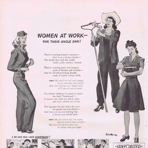 May include: Vintage black and white advertisement featuring women in work attire. The ad promotes "Sanforized" clothing, with illustrations of women in various work settings, and text emphasizing the clothes' durability and fit.