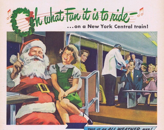 1949 Santa and Child New York Central Train or Christmas Star of Hope Original Advertisement Great Vintage Art