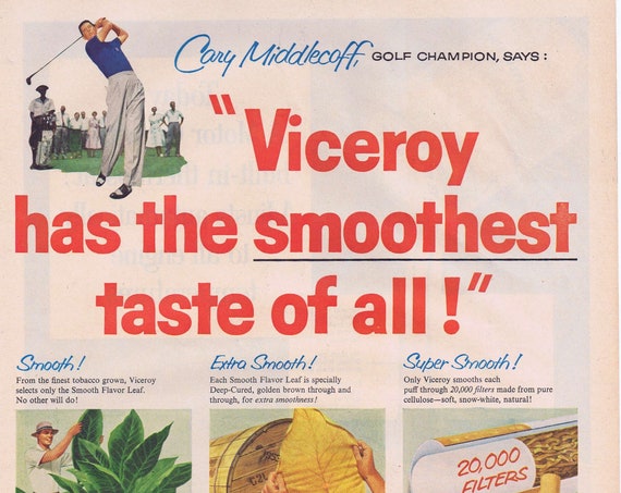 1957 Cary Middlecoff Golf Champion Original Advertisement Viceroy Filter Tip Cigarettes and Sam Snead