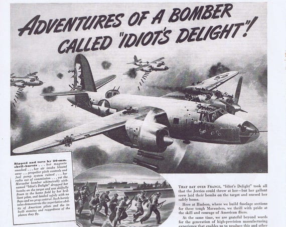 1944 WW2 Bomber “Idiot’s Delight” Hudson Motor  Car Original Vintage Ad with Great Art and Story