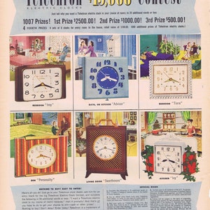 1951 Telechron Electric Clocks 15,000 Dollar Contest Original Vintage Advertisement