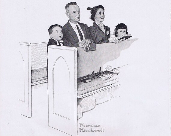 Norman Rockwell Family Praying in Church 1961 Massachusetts Mutual Original Vintage Advertisement with Wonderful Art