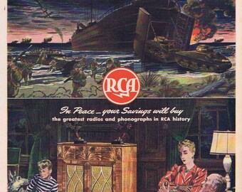1944 WW2 Era RCA Radio and Phonograph Original Vintage Advertisement with War Bonds to Help with War Effort and Family Listening to Radio