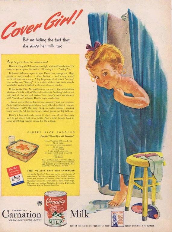 1944 Cover Girl Carnation Milk Original Vintage Advertisement with Fluffy Rice Pudding Recipe Very Cute and Neat