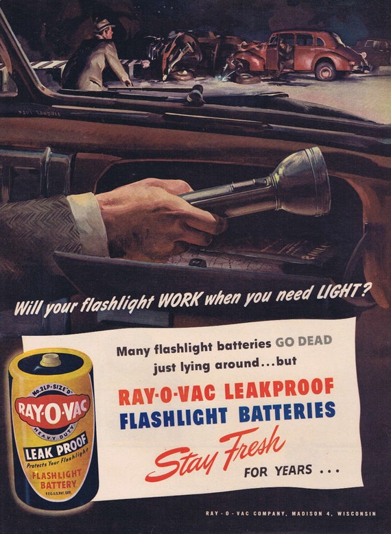 1945 Ray-O-Vac Flashlight Batteries Original Vintage Automobile Advertisement with Emergency Help Nice Artwork