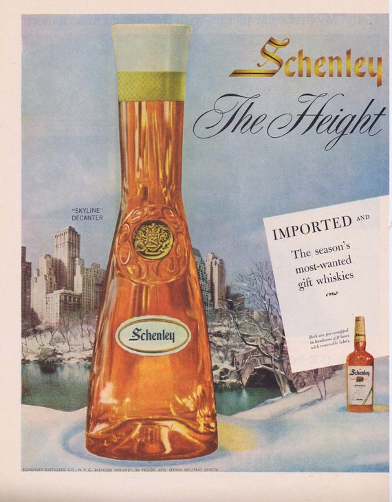 1956 Schenley Skyline Christmas Gift Decanter Original Vintage Advertisement with Winter Art Background