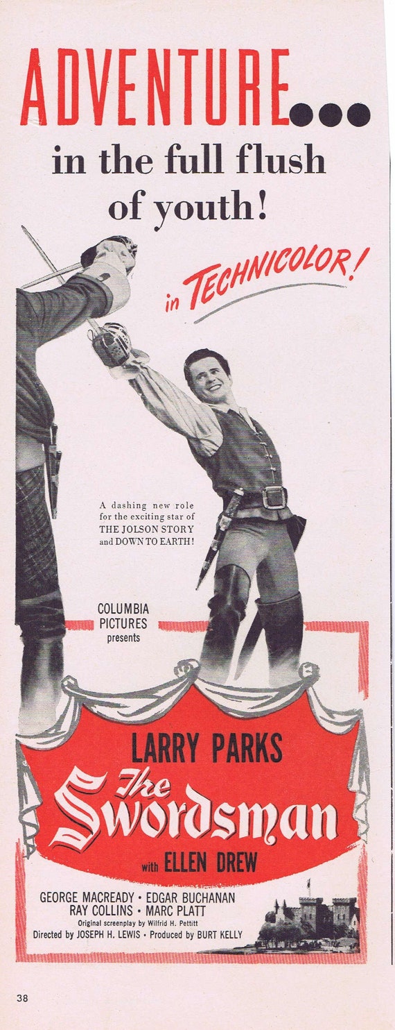 The Swordsman 1948 Swashbuckler Vintage Movie Ad with Larry Parks and Ellen Drew