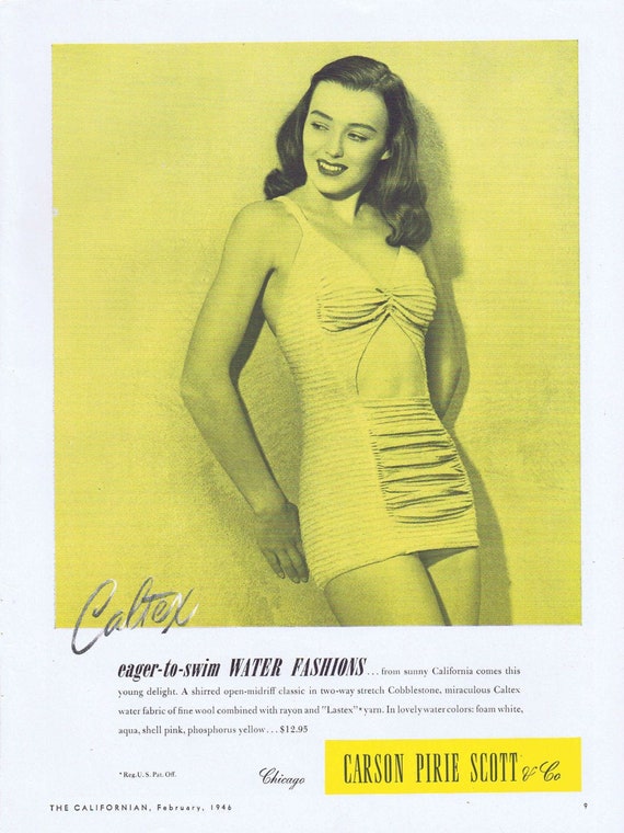 1946 Easter to Swim Caltex Woman's Swimsuits or Jordan Marsh Casual Dresses Original Vintage Advertisement