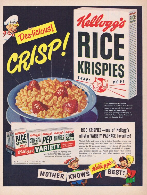 1949 Kellogg’s Rice Krispies and Cereals Mother Knows Best Original Vintage Advertisement with Snap, Crackle and Pop Mascots