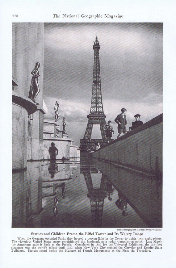 Statues and Children by the Eiffel Tower in Paris after the Second World War Vintage Magazine Photo