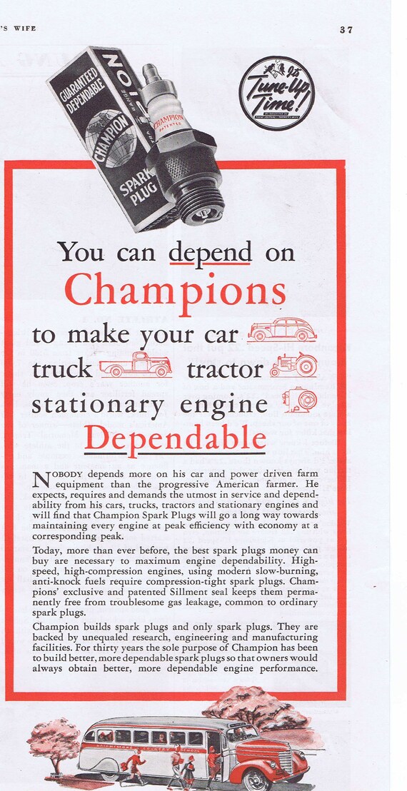 1940 Champion Spark Plugs and Old School Bus Original Vintage Advertisement