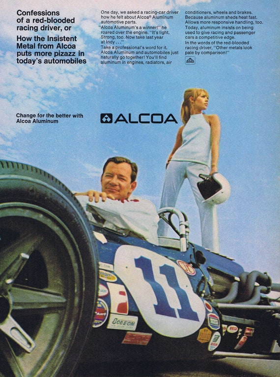 1968 Alcoa and Racing Car Drivers Original Vintage Advertisement with Pretty Blonde and Race Driver