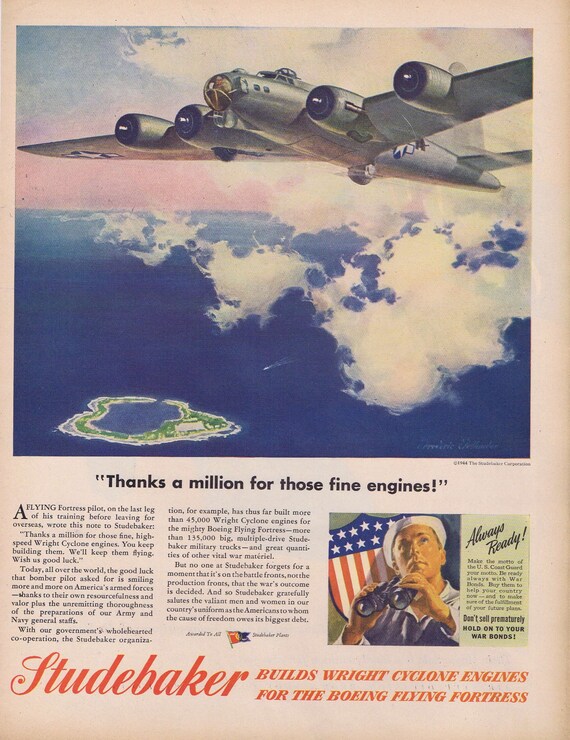 1944 WW2 Studebaker Boeing Flying Fortress Plane Original Advertisement Vintage Advertisement With Art by Frederic Tallander