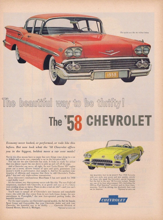 1958 Chevrolet Bel Air 4 Door Sedan And Corvette Automobile Etsy
