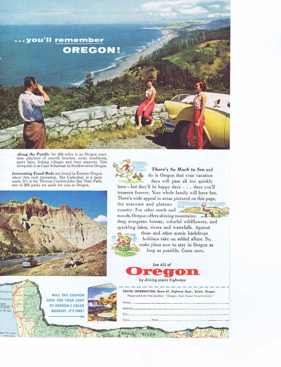 1957 Travel to Oregon  at Cape Sebastian and The Cathedral Original Vintage Ad