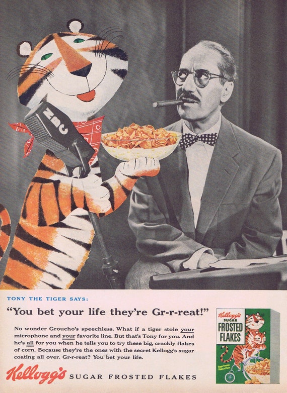 Groucho Marx You Bet Your Life and Tony the Tiger 1956 Kellogg’s Sugar Frosted Corn Flakes Original Vintage Advertisement