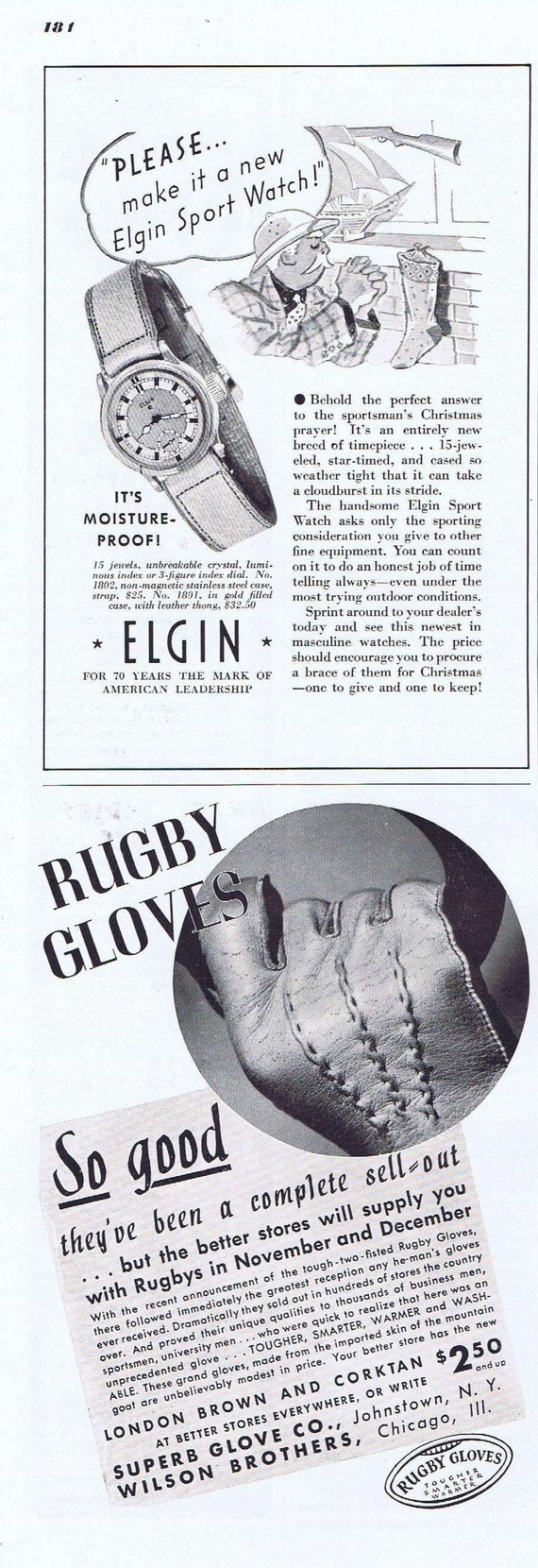 1935 Rugby Men’s Gloves or Elgin Watches Original Vintage Advertisement