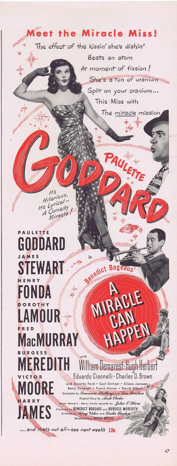 Paulette Goddard and A Miracle Can Happen or On Our Merry Way 1950 Vintage Movie Ad with James Stewart and Henry Fonda.