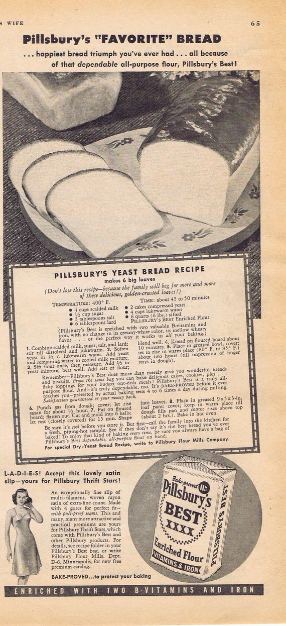 1942 Pillsbury’s Favorite Bread or Peppermint-Stick Cream Dessert with Minute Tapioca Original Vintage Advertisements with Recipes