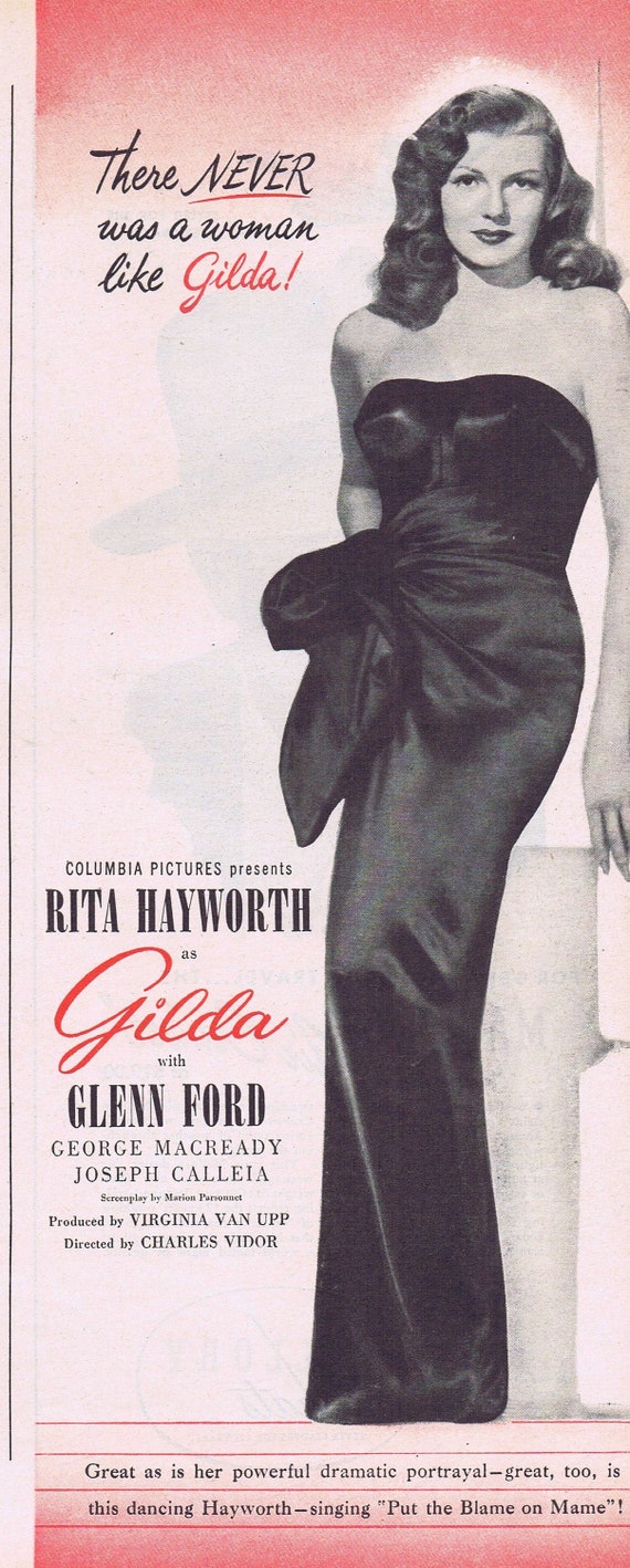 Rita Hayworth as Gilda Classic Sexy Pose 1946 Femme Fatale Movie Ad or Mallory Air Cruiser Men’s Hat Original Vintage Advertisement