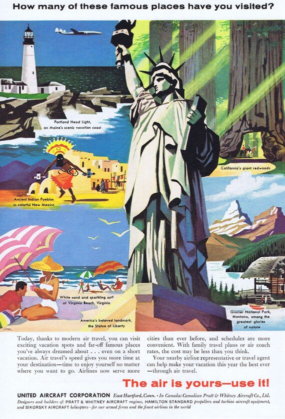 1957 United Aircraft Which Famous Places Have You Visited Original Vintage Ad Statue of Liberty, Portland, Virginia Beach more