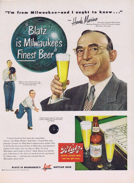 1949 Blatz Beer Original Vintage Advertisement with Bowling Champion Hank Marino