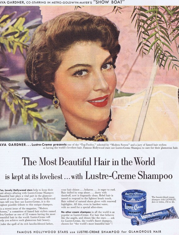 1951 Beautiful Ava Gardner Lustre-Crème Shampoo Starring in Show Boat Film Original Vintage Advertisement