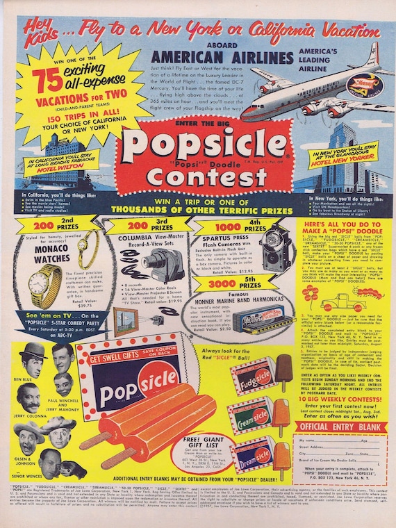 1957 United Airlines Popsicle Contest with Prizes  or Vinyl Upholstery Furniture by United States Rubber Original Vintage Advertisement