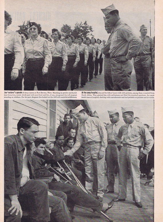 Joe Lewis Famous Boxer 1943 WW2 Soldier 100 Day Tour Vintage Feature with Two Pages of Great Photos and Interesting Information