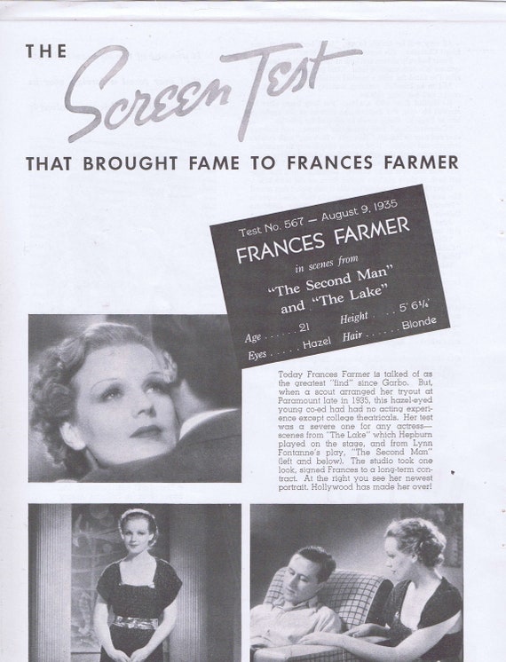 Beautiful Frances Farmer 1935 Screen Test Pictures from The Second Man and The Lake Movies Unique Collectible of Sad and Tragic Life