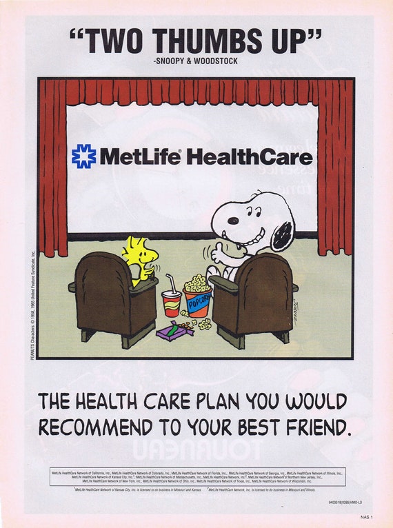Snoopy with Woodstock at the Movies and Charles Schulz Collectible Art in Met Life Original Ad