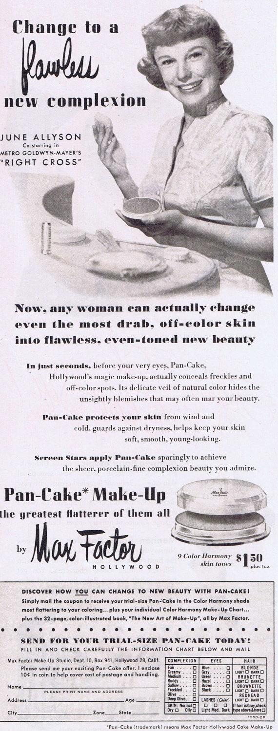 1950 Beautiful June Allyson and Max Factor Pan-Cake Make-Up or Mennen Baby Magic and Powder Original Vintage Advertisement