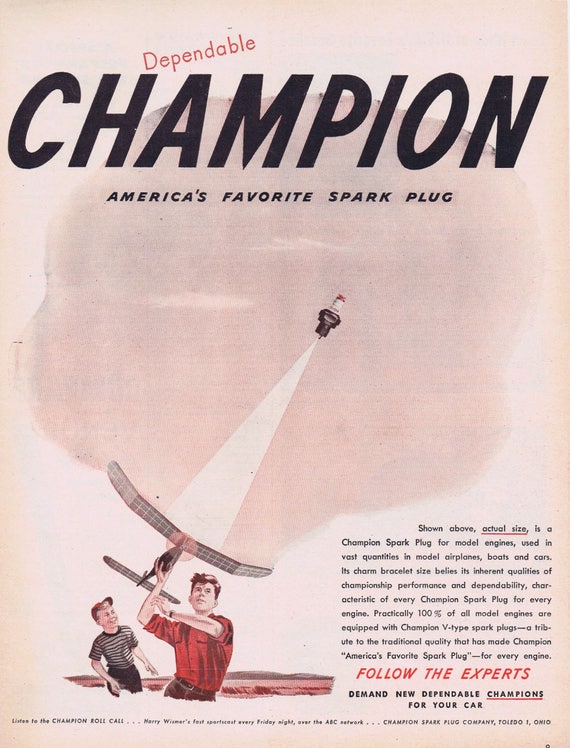 1947 Champion Spark Plug and Model Airplane Original Vintage Advertisement with Boy Flying Airplane