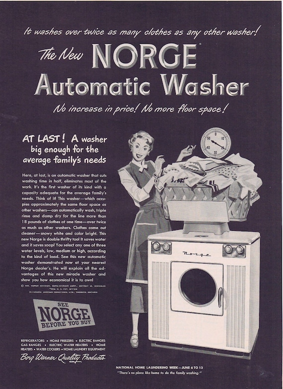 1949 Norge Automatic Washer by Borg Warner Original Vintage Advertisement National Home Laundering Week