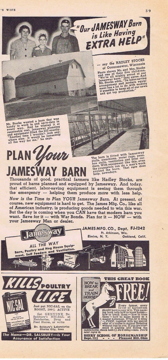 1942 Jamesway Farm Barns Original Vintage Old Advertisement with Hadly Stocks Family of Oconomowoc, Wisconsin