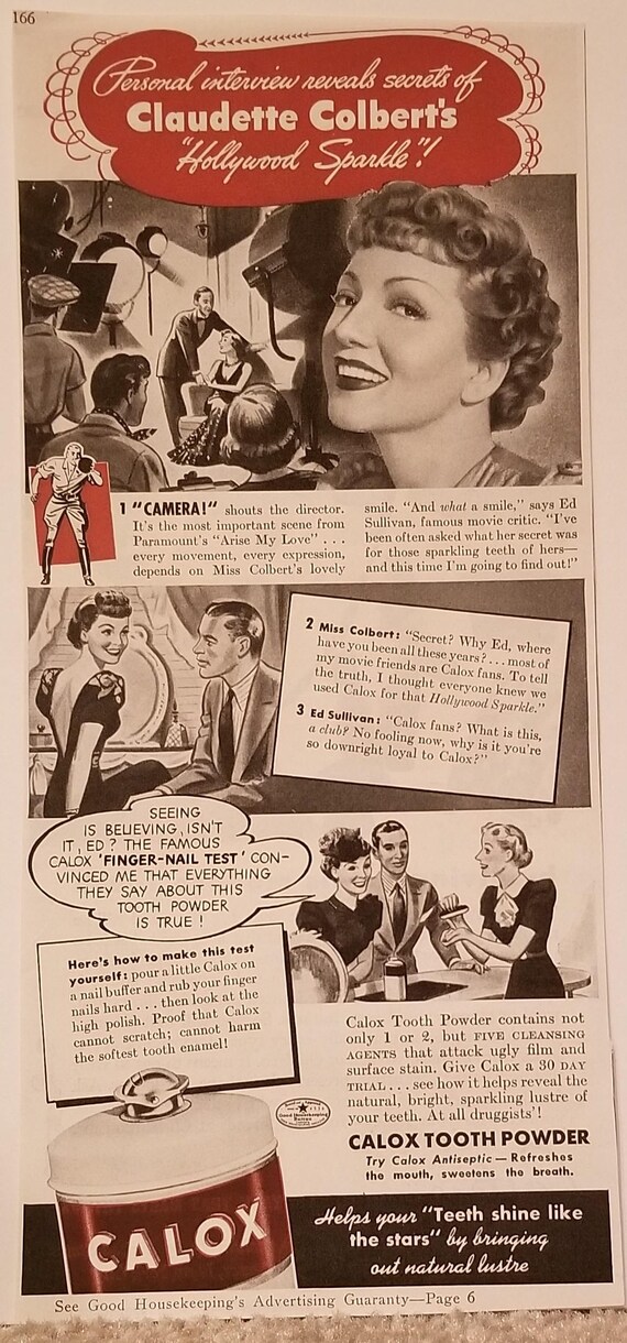 Claudette Colbert 1940 Calox Tooth Powder Original Vintage Advertisement Hollywood Sparkle Secret