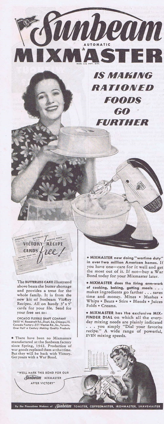 1943 Sunbeam Kitchen Mixmaster Wartime Duty Original Vintage Advertisement