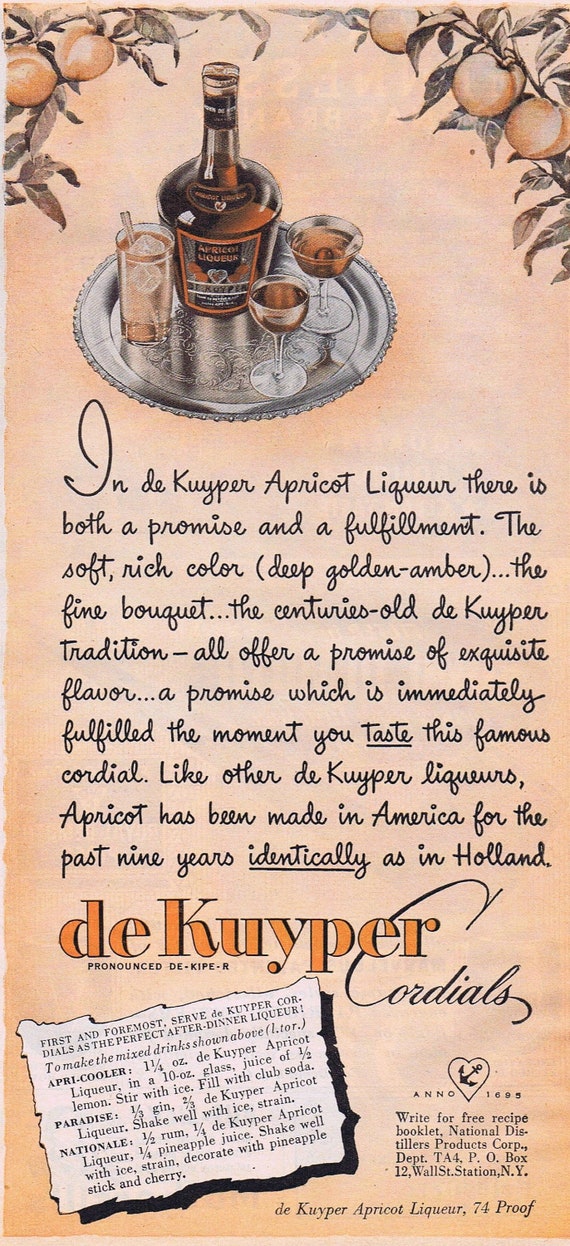 1944 de Kuyper Apricot Liqueur Original Vintage Advertisement