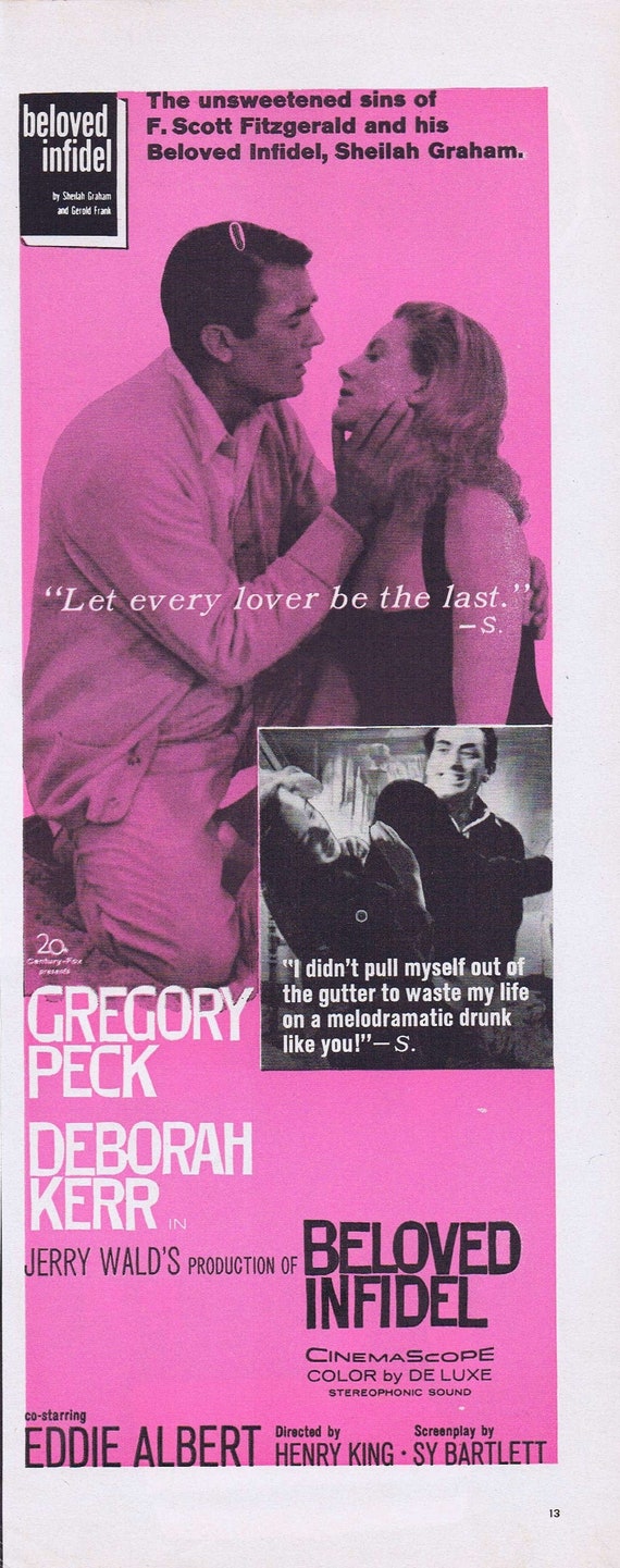 Beloved Infidel 1959 Original Vintage Movie Ad with Gregory Peck and Deborah Kerr Story about F. Scott Fitzgerald