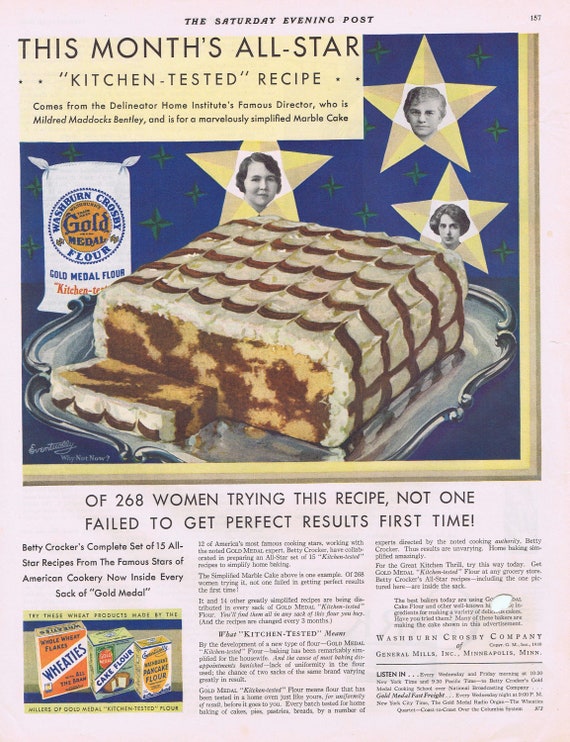 1930 All-Star Marble Cake and Kitchen-Tested Washburn Crosby Gold Medal Flower Original Vintage Advertisement