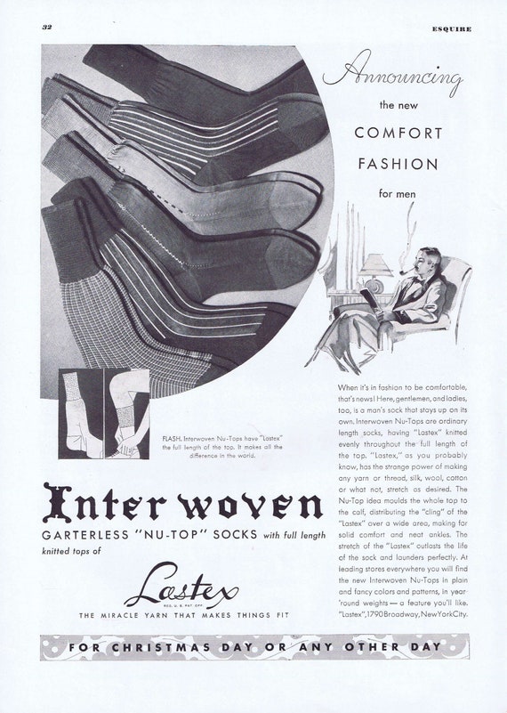 1935 Interwoven Garter less “Nu-Top Men’s Socks with Lastex or Seagram’s Crown Whiskies Original Vintage Advertisements