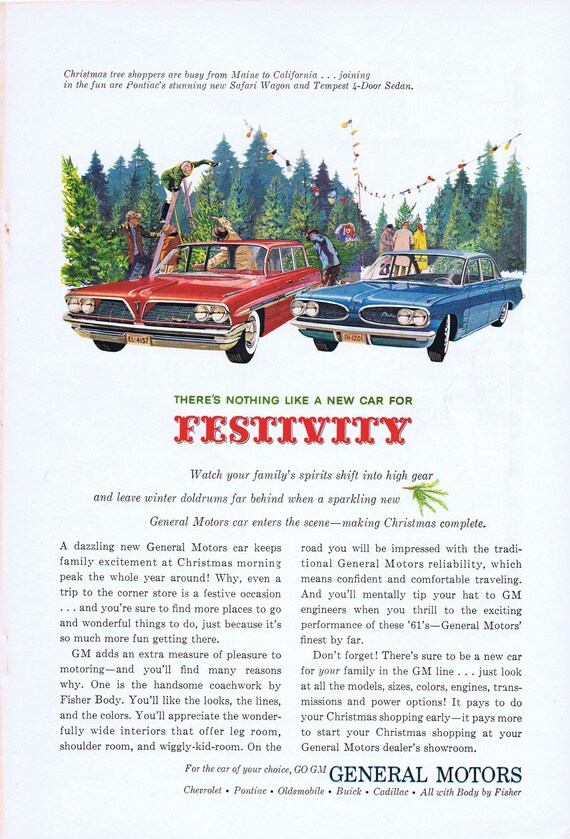 1961 General Motors Pontiac Safari Station Wagon and Tempest Sedan Original Vintage Automobile Advertisement at Christmas Tree Farm.