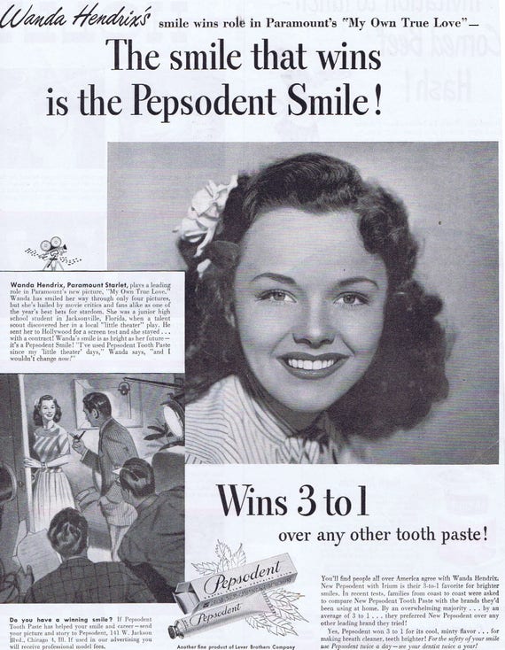 Wanda Hendrix 1949 Hollywood Starlet Pepsodent Toothpaste Original Vintage Ad starring in “My Own True Love”