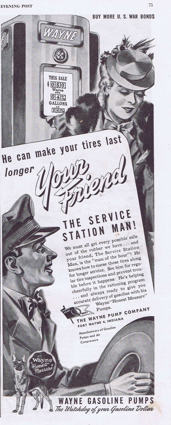 1944 Wayne Gasoline Pumps  and Service Station Man or Piper Cub Aircraft Original Vintage Advertisement