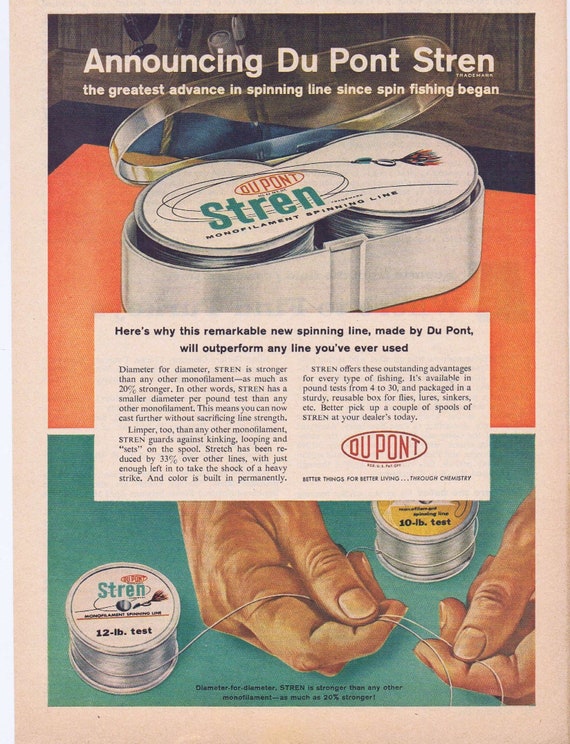 Du Pont Stren Fishing Monofilament Spinning Line Original 1959 Vintage Ad